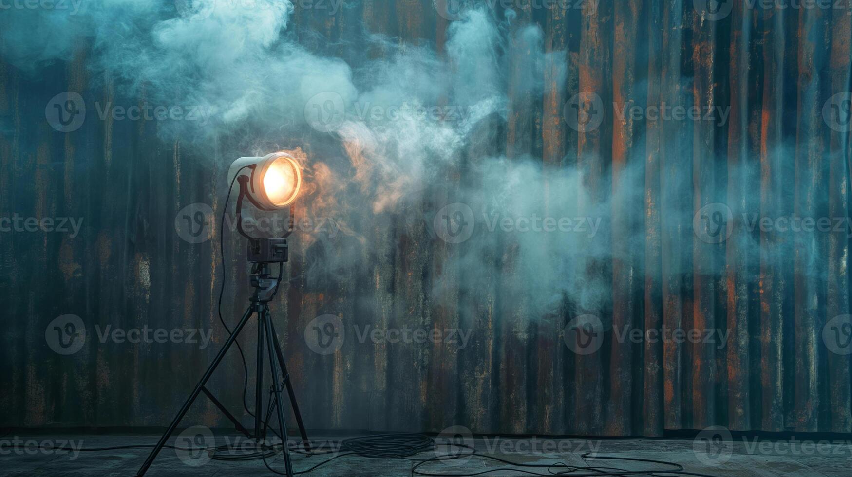 Industrially Themed Spotlight with Swirls of Smoke and Distressed Metal Backdrop photo