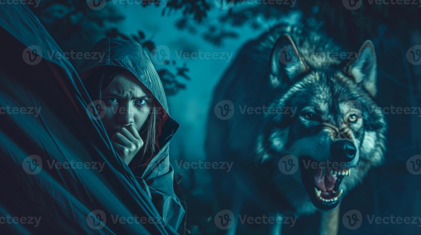 Scared woman clutching a tree as a wolf prowls in the background photo