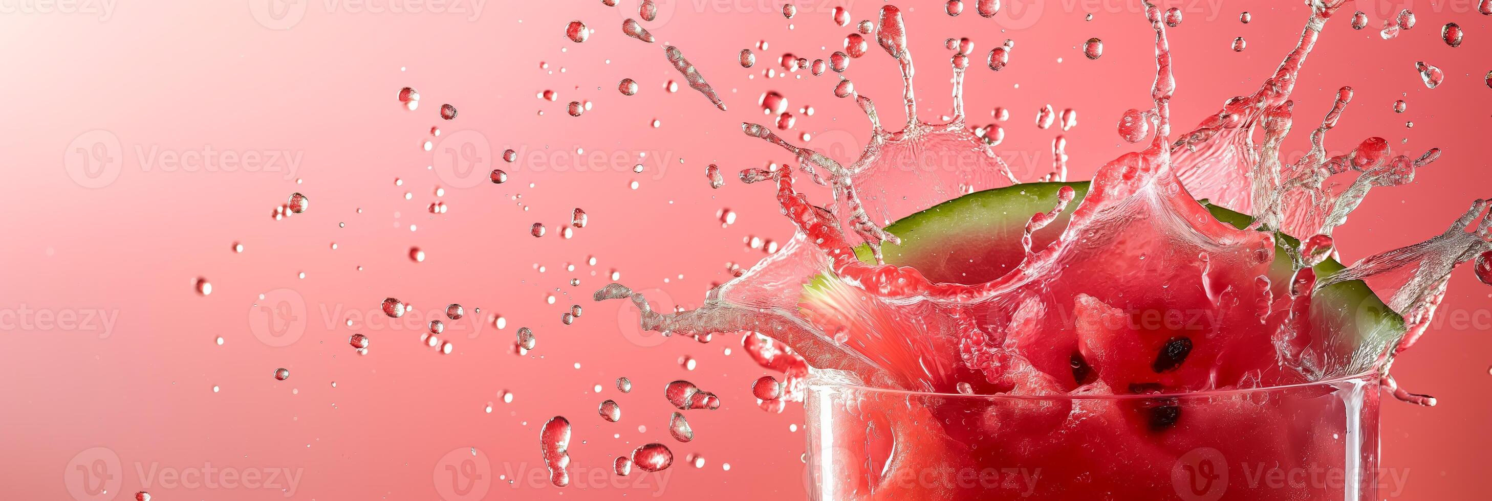 Watermelon juice splash on a pink to green gradient background, summer vibes photo