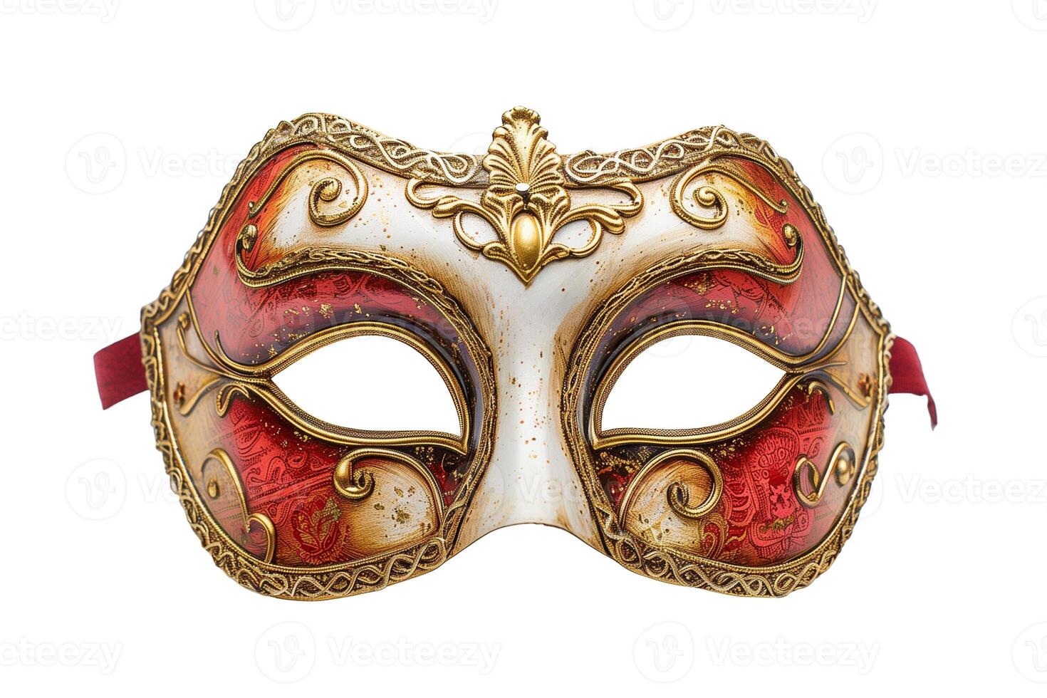 Elegant Venetian mask with ornate gold details and red fabric, isolated on a white background, ideal for Carnival, masquerade parties, and theatrical events photo
