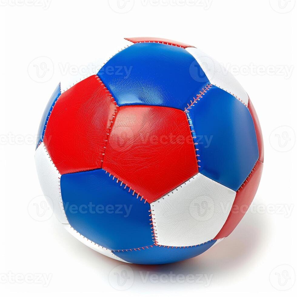 A designer red, white, and blue soccer ball isolated on a white background photo