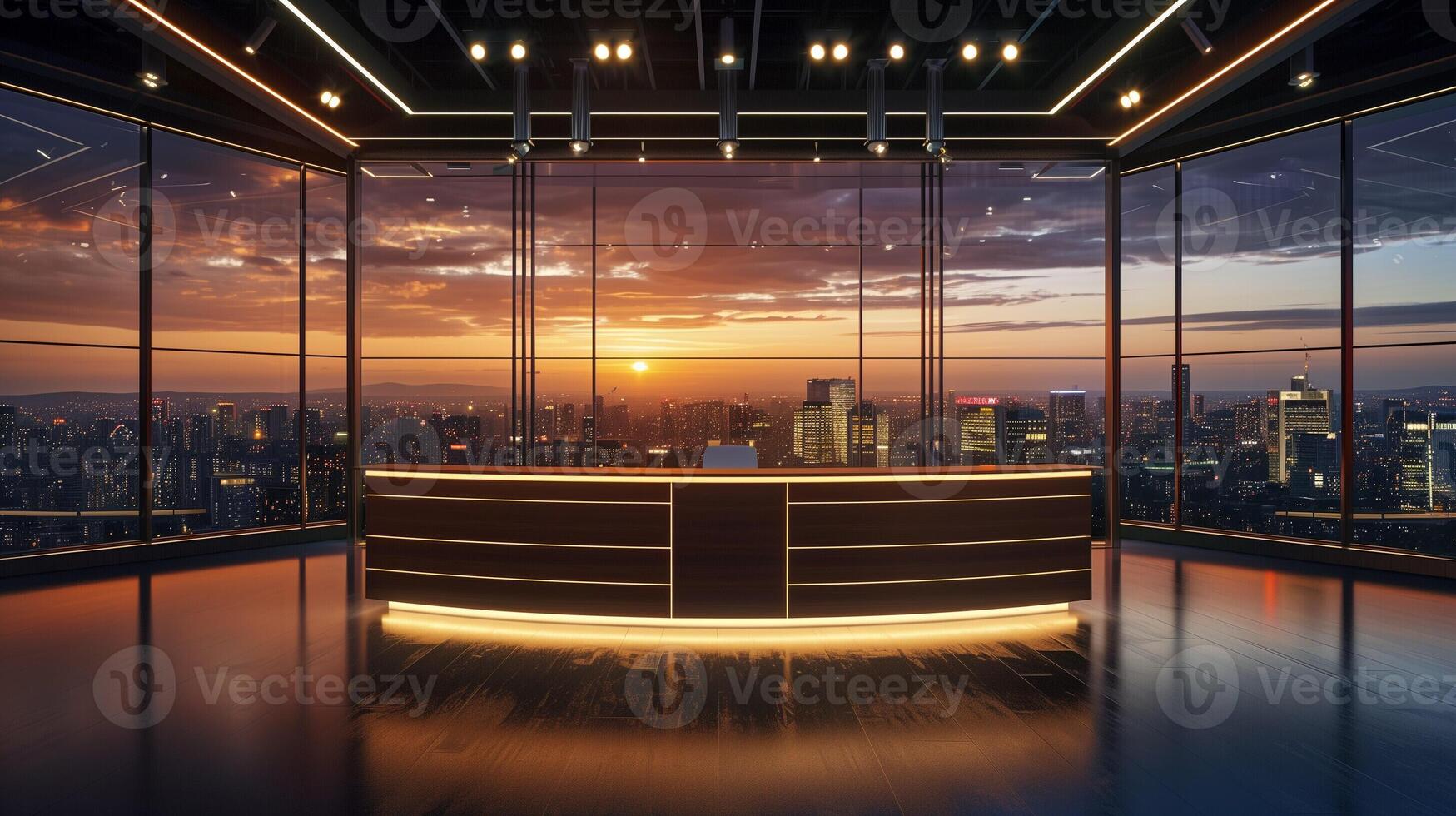 early Morning TV show set, spotlight on empty host desk before the show begins photo