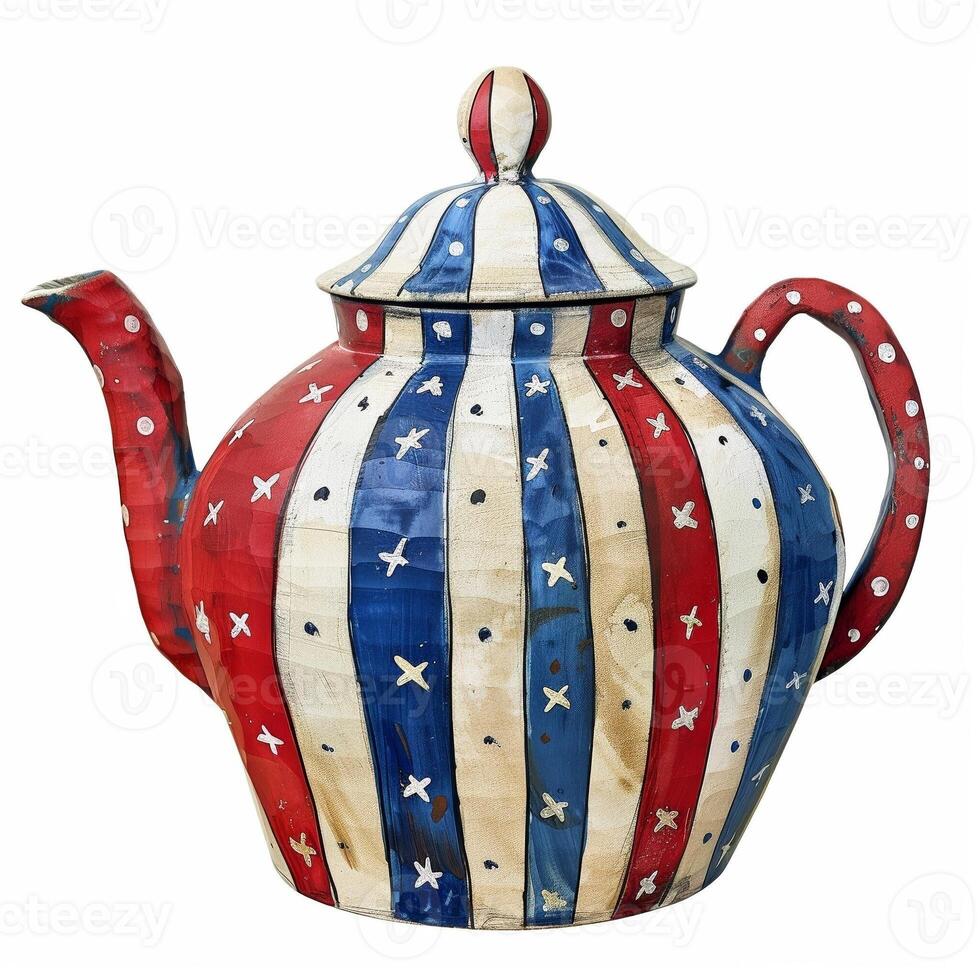 A quirky teapot painted in red, white, and blue, isolated on a white background photo