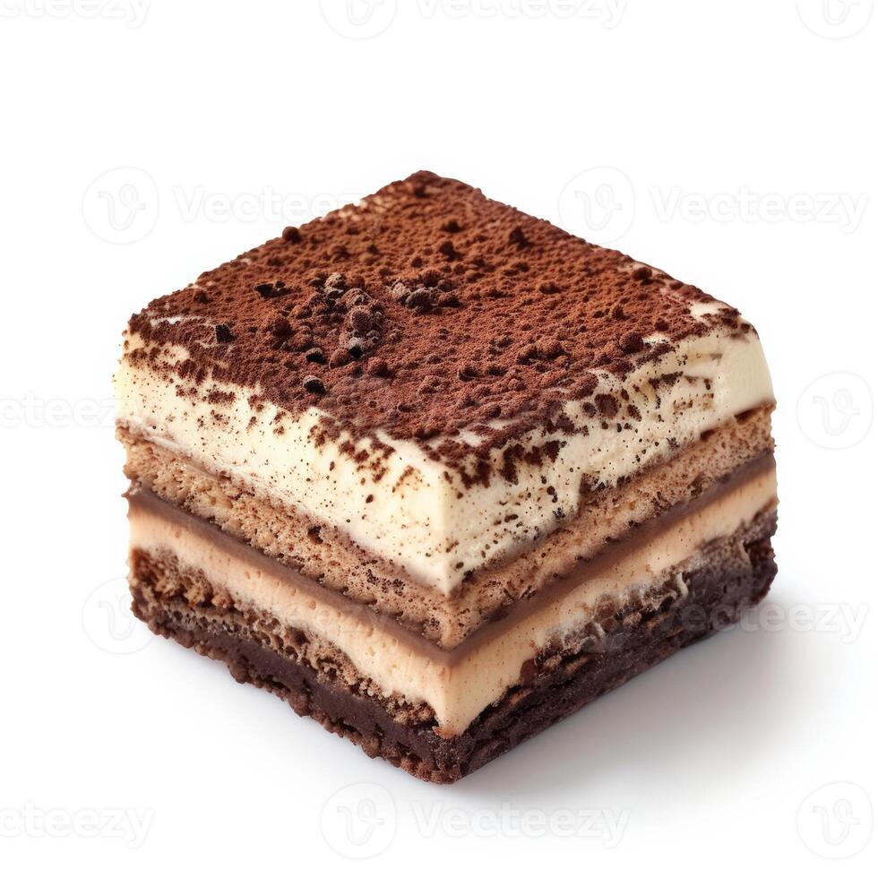 A luxurious slice of tiramisu dusted with cocoa, isolated on a white background photo