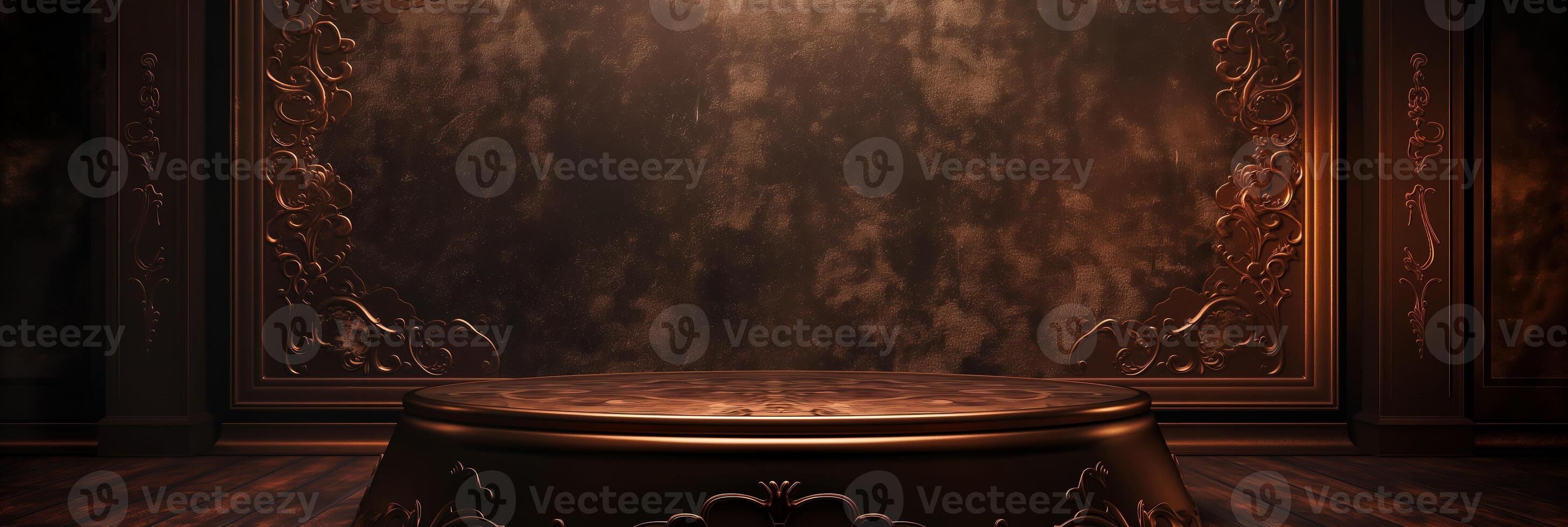 Bronze podium with detailed engravings, classic 3D display stand, warm lighting, dark background photo