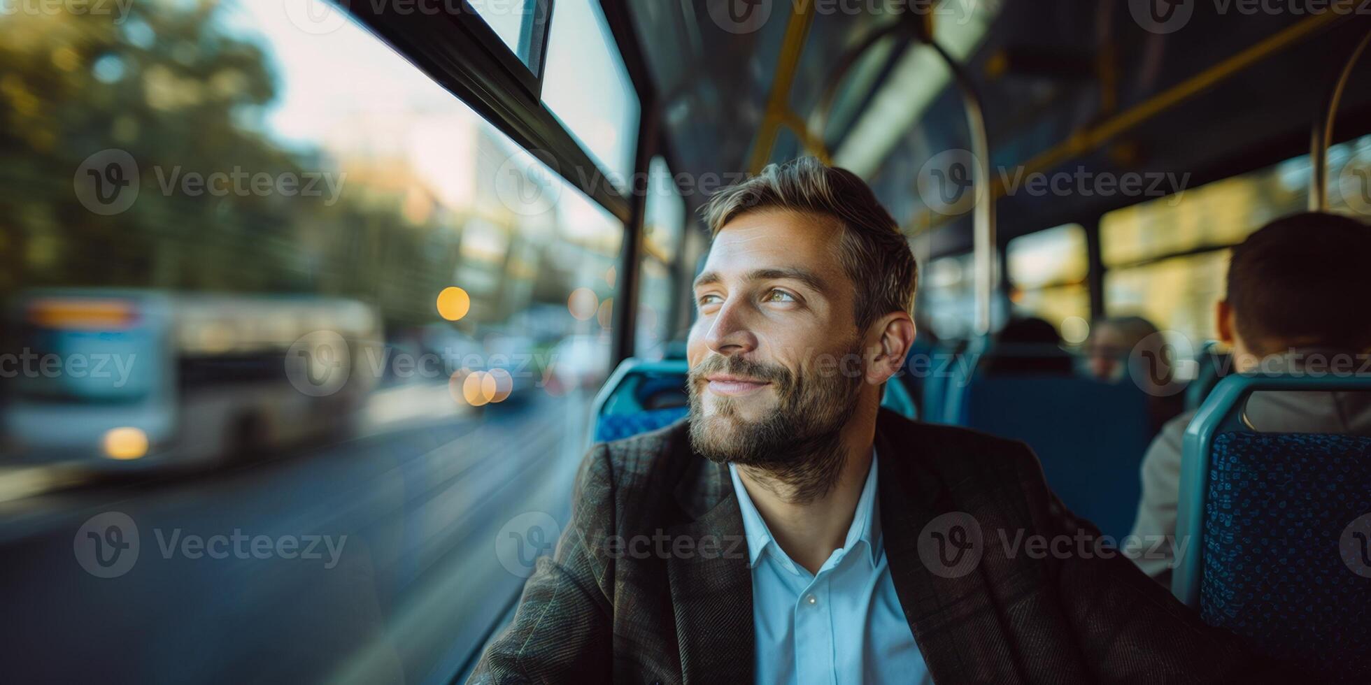 A Handsome Man in His Late Thirties Seated by the Bus Window. Traveling Man on the Bus. Commuting to Work by Bus. photo