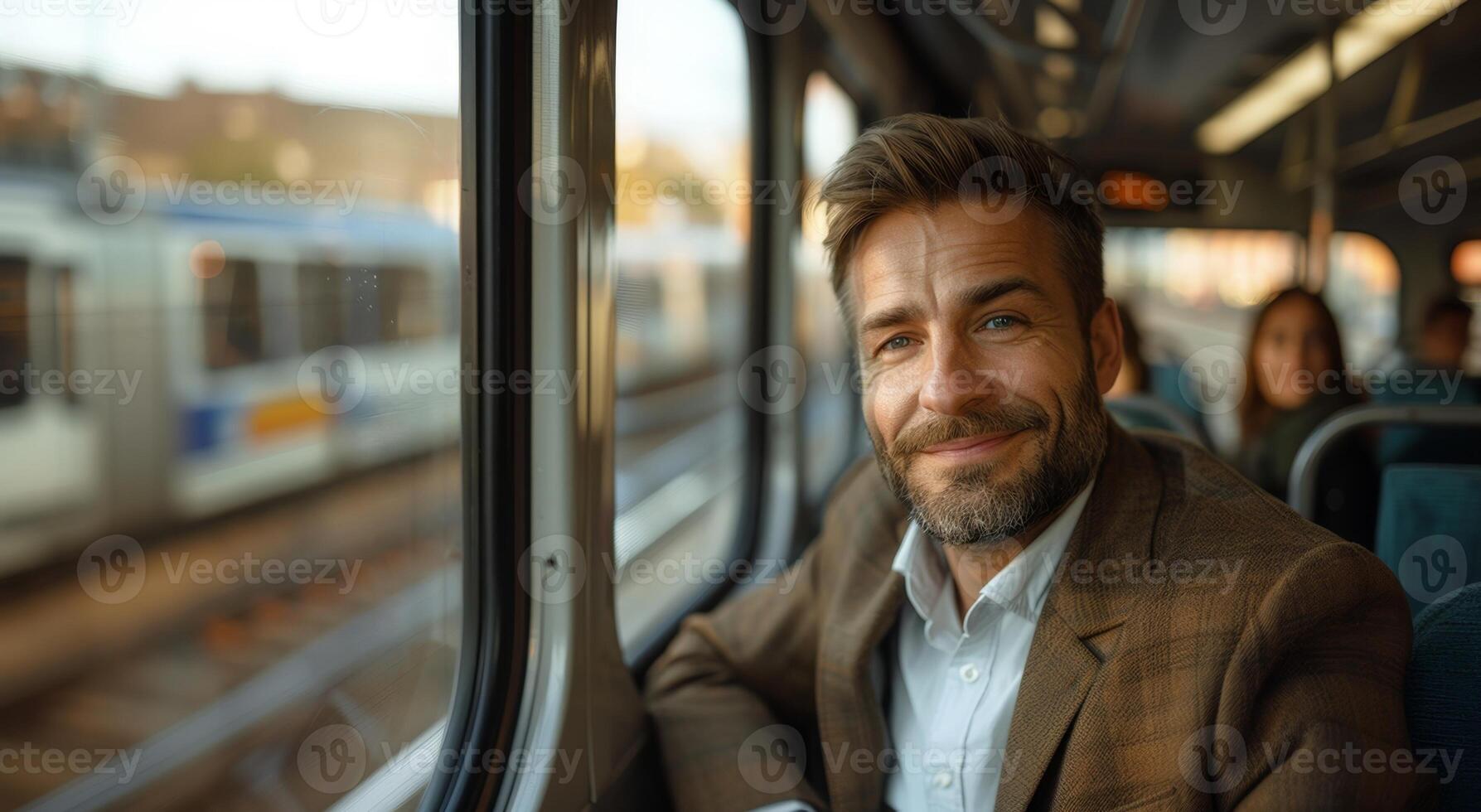The man is riding the bus sitting by the window. Comfortably traveling on public transport. photo