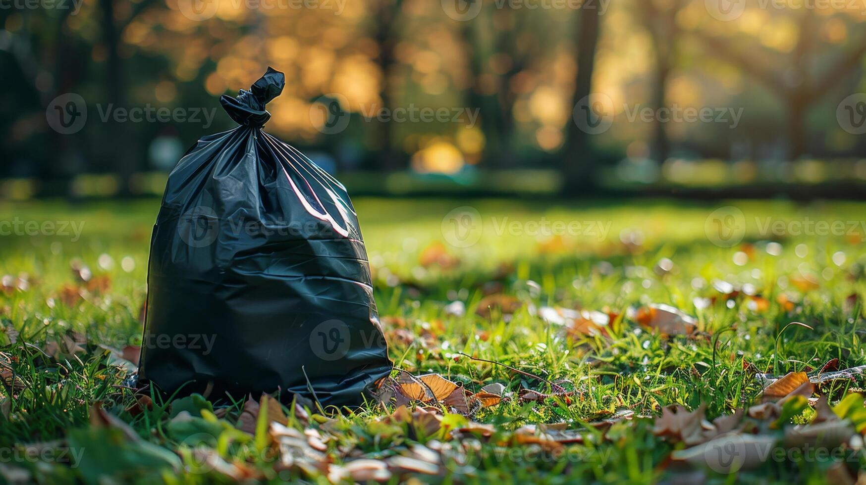 Environmental Conservation. Cleaned Forest, Cleaned Park Waste. Filled Trash Bag against Blurred Clean Green Park Background with Space for Text. photo