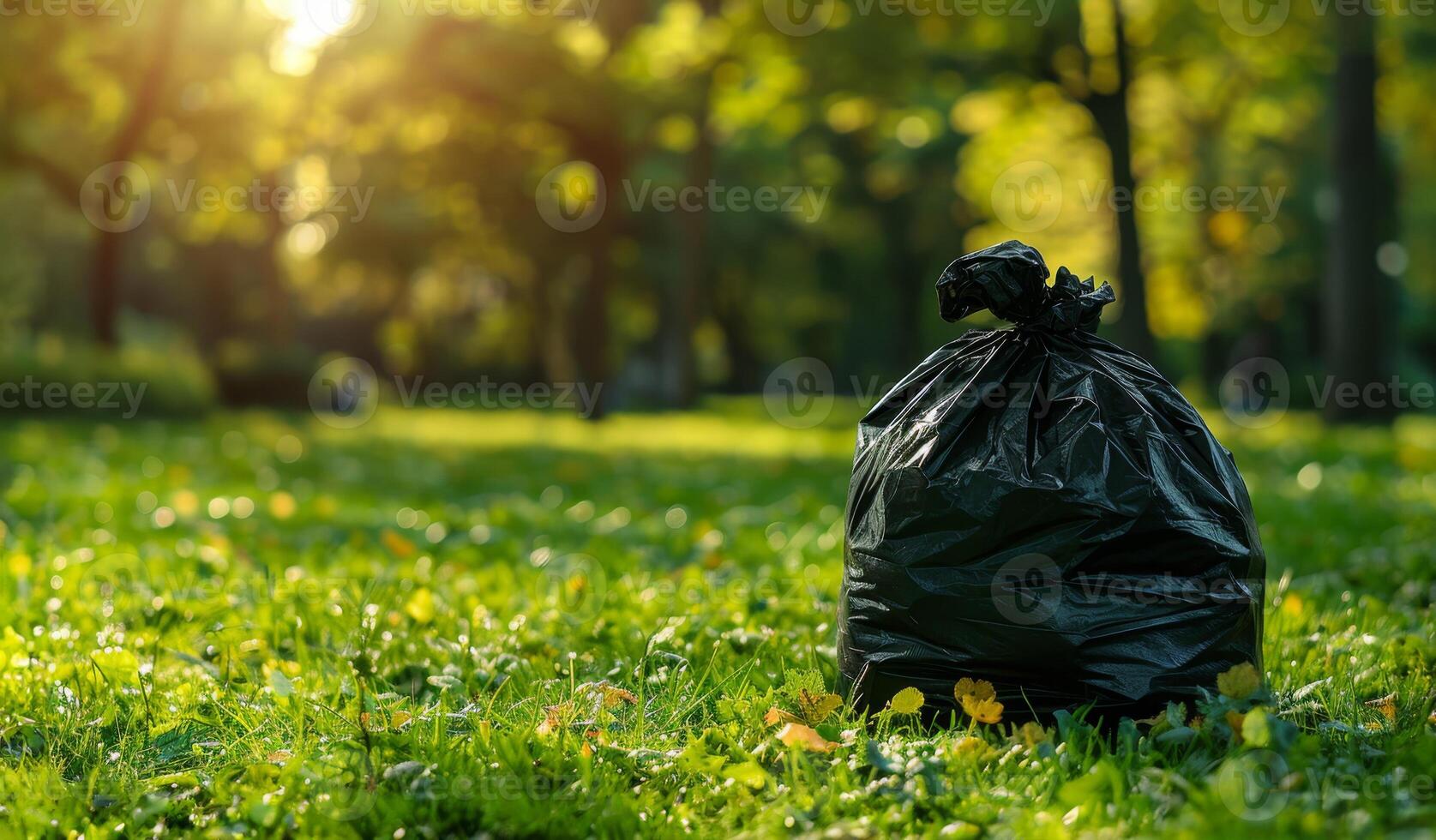 Environmental Conservation. Cleaned Forest, Cleaned Park Waste. Filled Trash Bag against Blurred Clean Green Park Background with Space for Text. photo