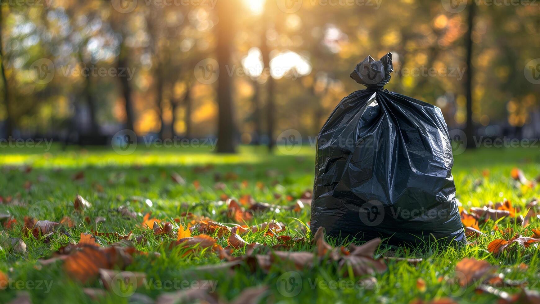 Filled Trash Bag against Blurred Clean Green Park Background with Space for Text. Environmental Conservation. Cleaned Forest, Cleaned Park Waste. photo