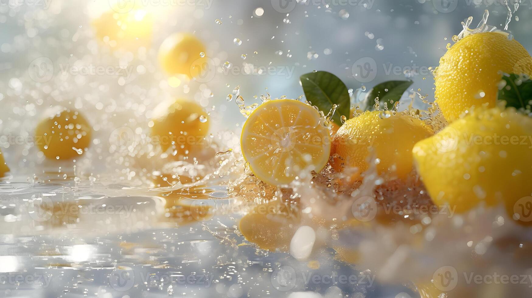 Lemons in Splashes. Cut and Fresh Lemons on an Outdoor Background. Lemons with Splashes on a Blurred Park Background. photo