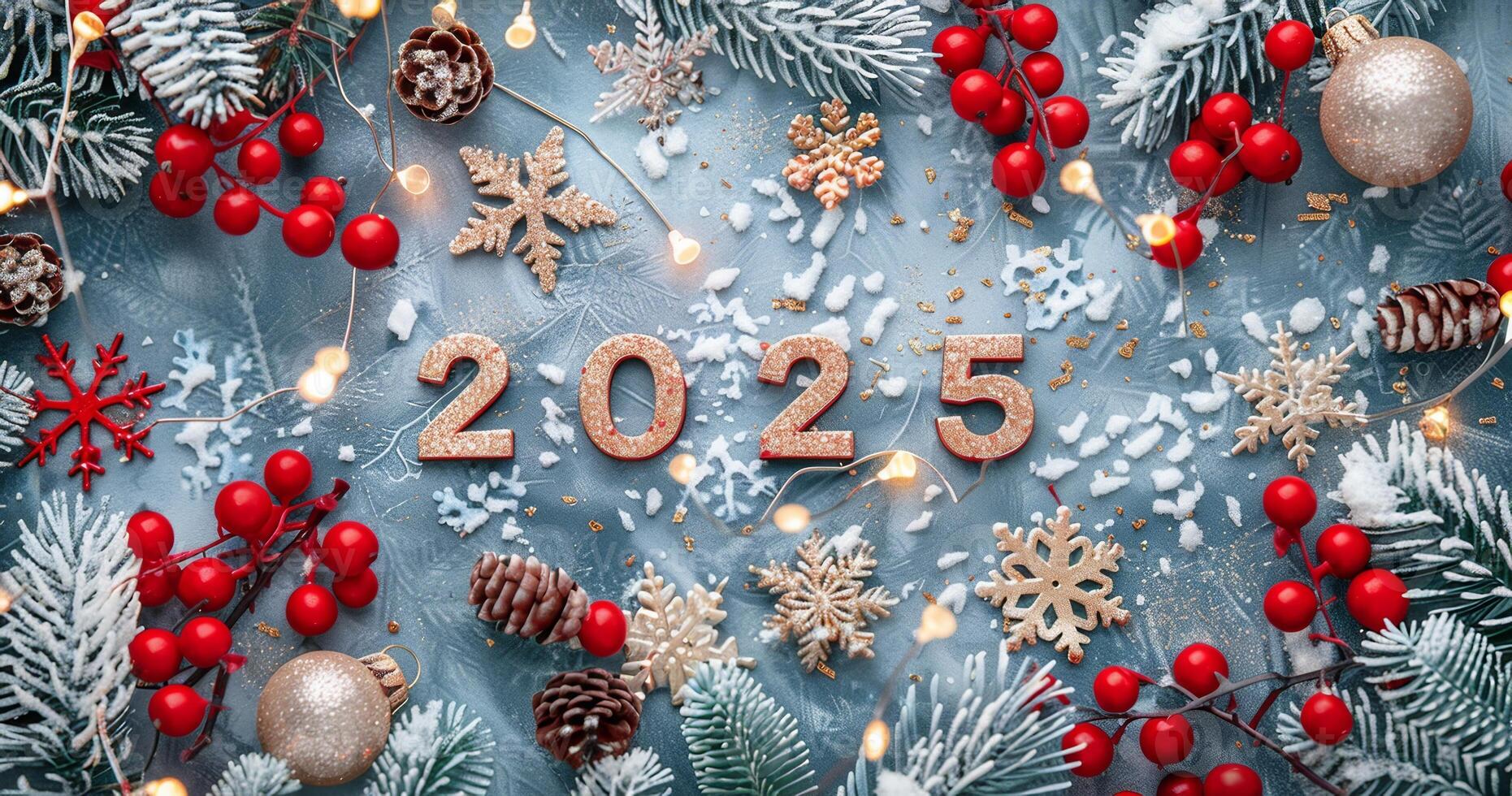 Gold 2025 Numbers New Year Celebrations With Red Details And Christmas Gold 2025 Numbers New Year Celebrations With Red Details And Christmas Tree Branches Background Selvester Sylvester Background Photo