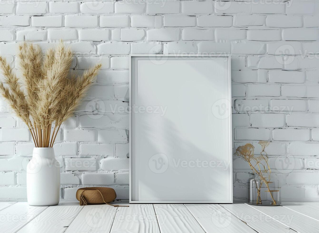 Empty Frame Mockup. Minimalistic Mockup Frame on White Brick Background. Wheat in a Vase Decoration. photo