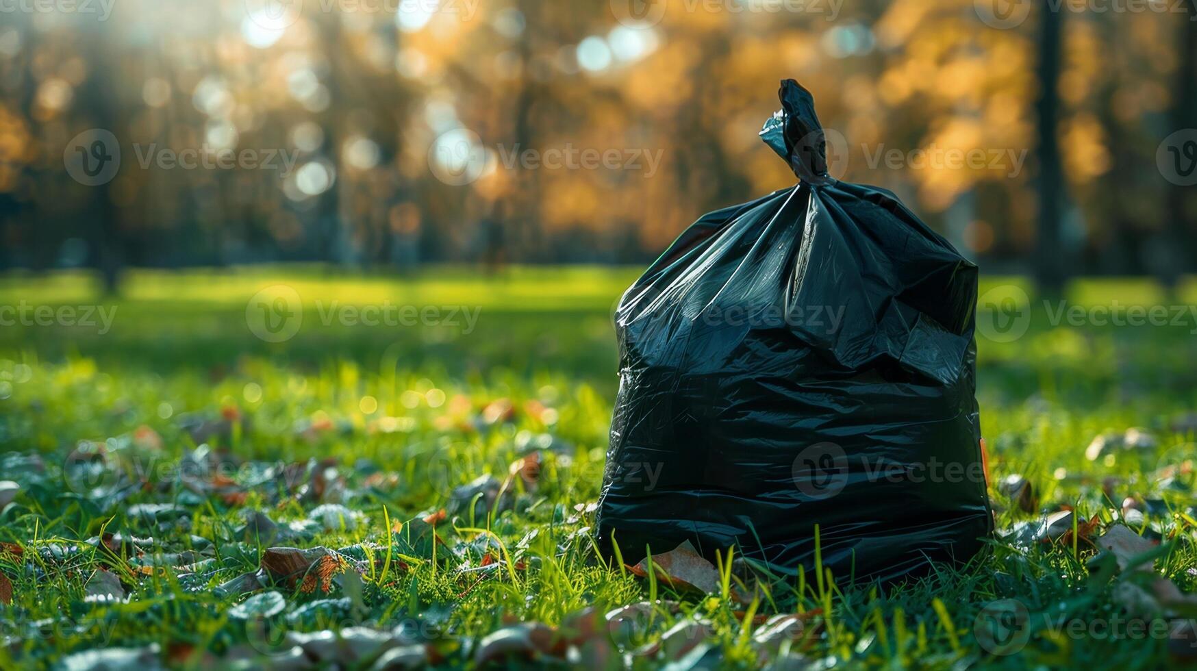 Environmental Conservation. Cleaned Forest, Cleaned Park Waste. Filled Trash Bag against Blurred Clean Green Park Background with Space for Text. photo