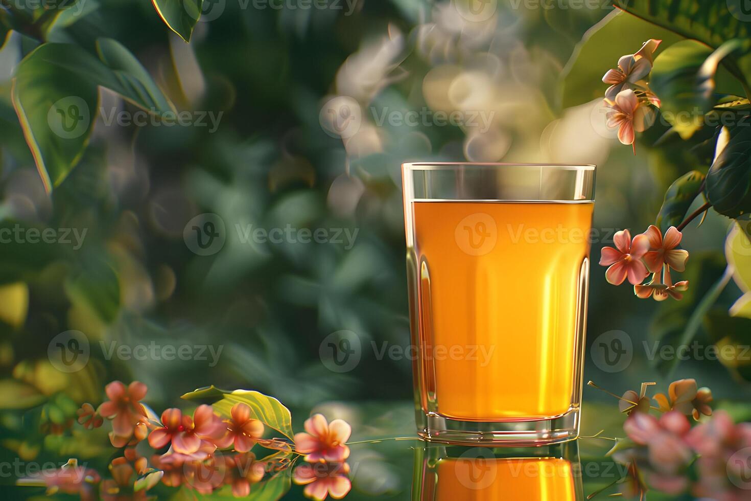 Background with orange juice in glass on a mirror table. Frame of fresh juice on mirror table with copy space. Mockup for fresh summer drink, card, side view photo