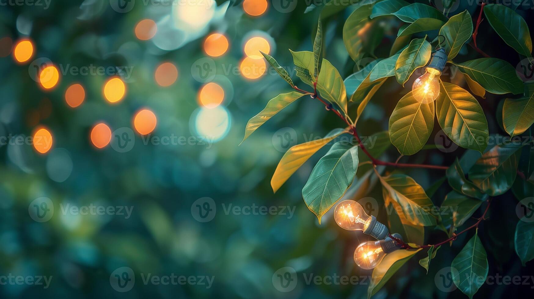 Blurred Outdoor Background with Light Bulbs. Relaxing Nature Atmosphere. String of Outdoor Light Bulbs among Tree Leaves with Copy Text. photo