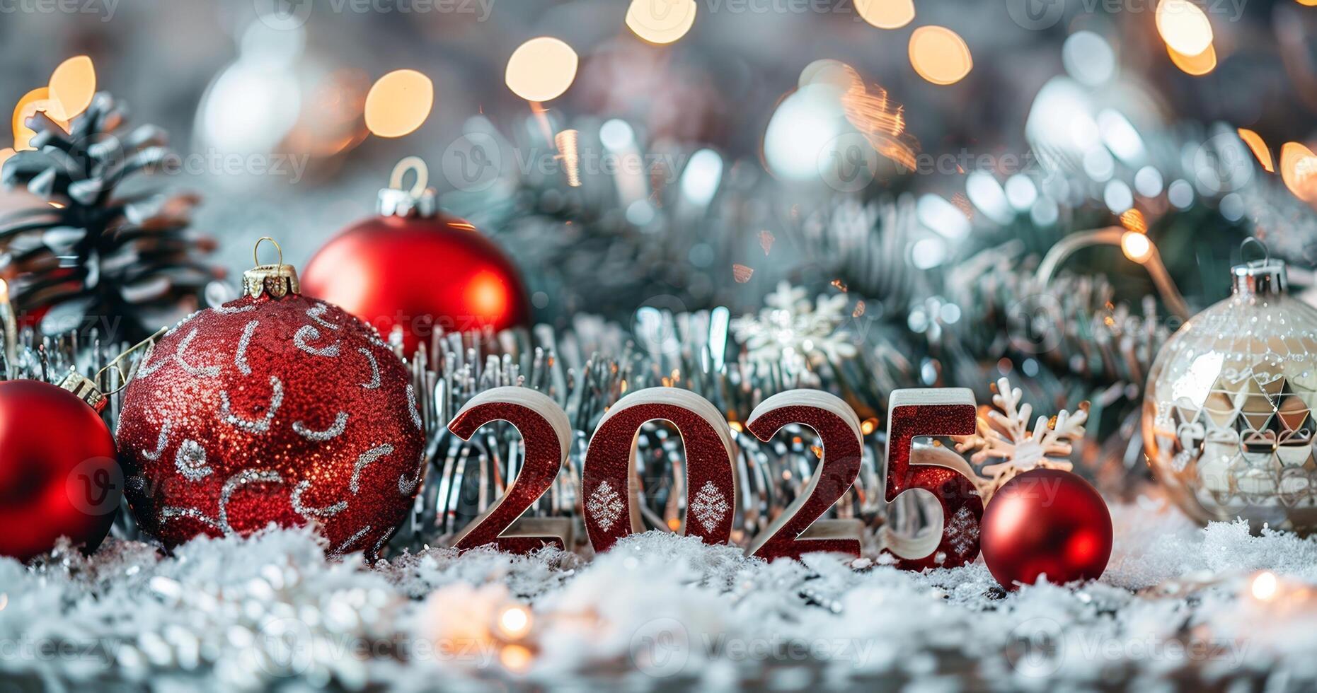 Red 2025 Numbers. 2025 New Year Background with Red Balls, Christmas Tree Branches, and Glitter