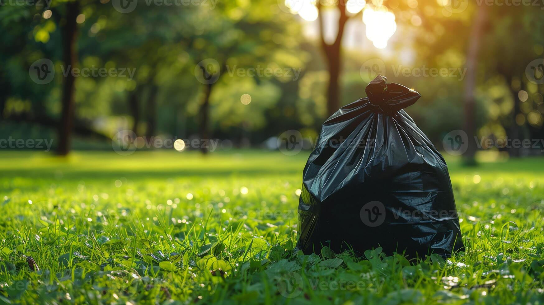 Environmental Conservation. Cleaned Forest, Cleaned Park Waste. Filled Trash Bag against Blurred Clean Green Park Background with Space for Text. photo