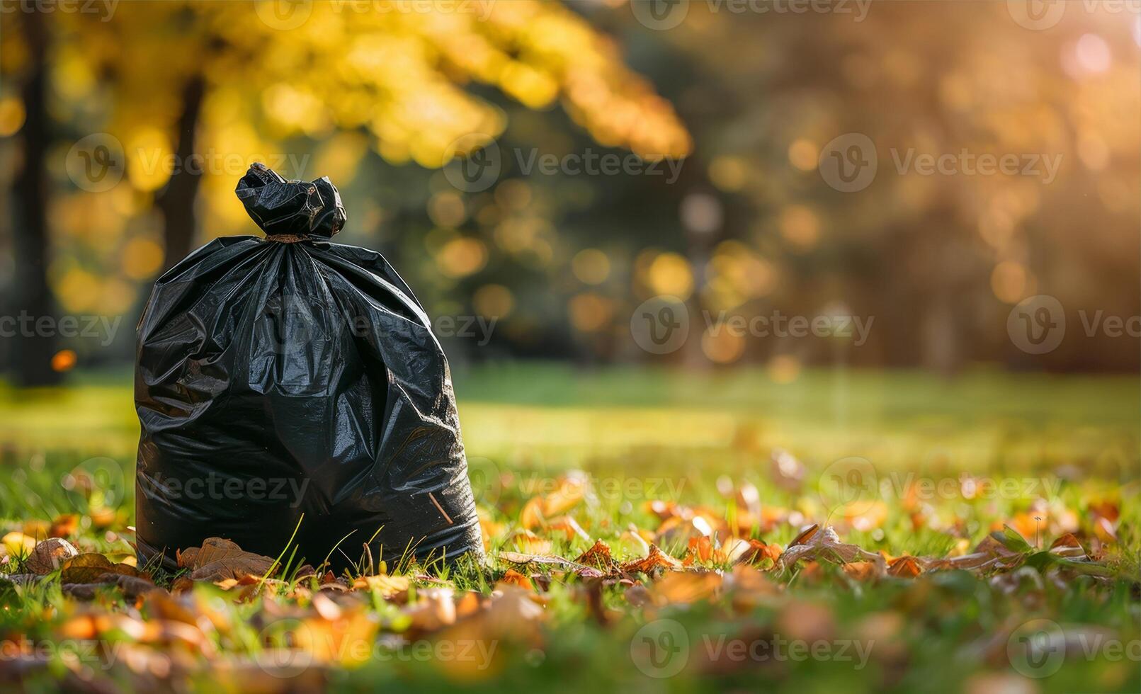 Filled Trash Bag against Blurred Clean Green Park Background with Space for Text. Environmental Conservation. Cleaned Forest, Cleaned Park Waste. photo