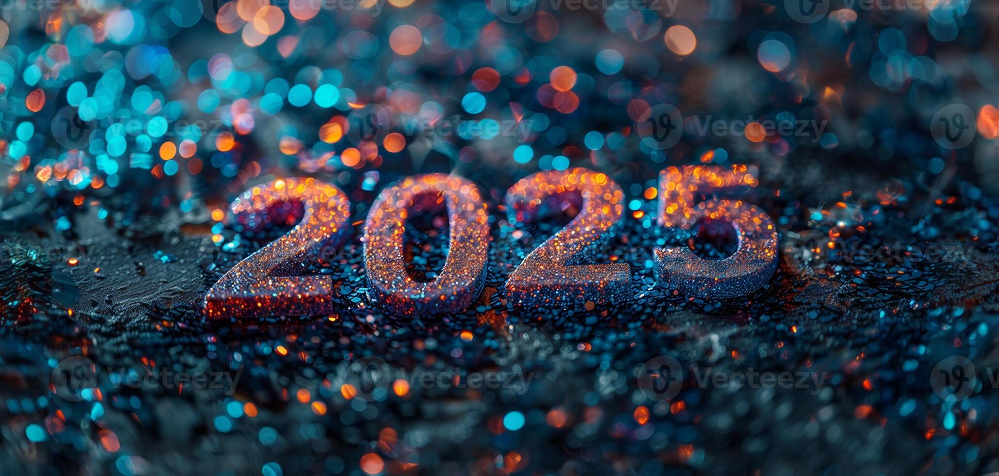 Silvester 2025 pink glitter numbers on a dark blue glitter background. New Year background