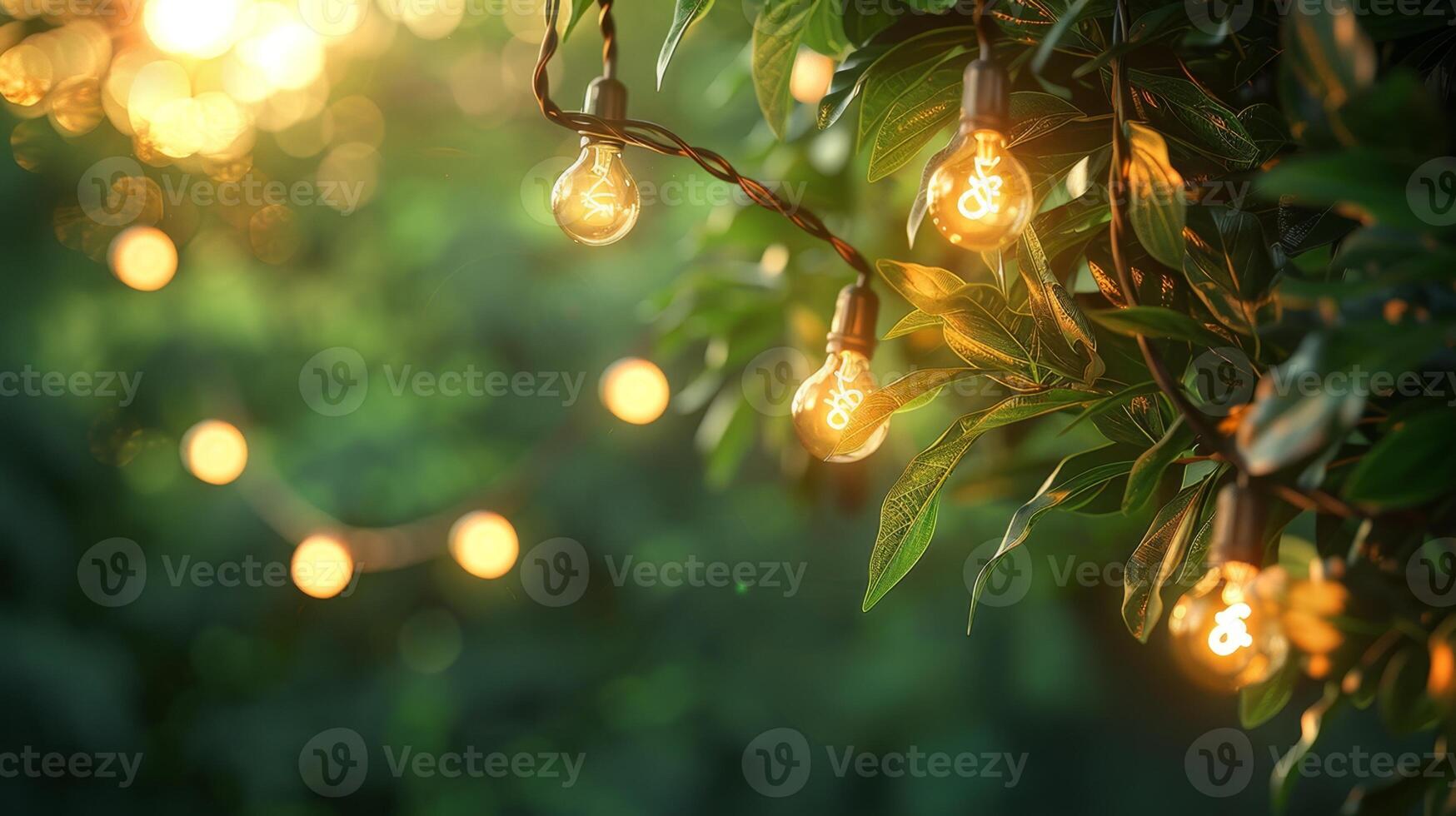 String of Light Bulbs with Leaves Background. Creating a Cozy Outdoor Atmosphere. photo
