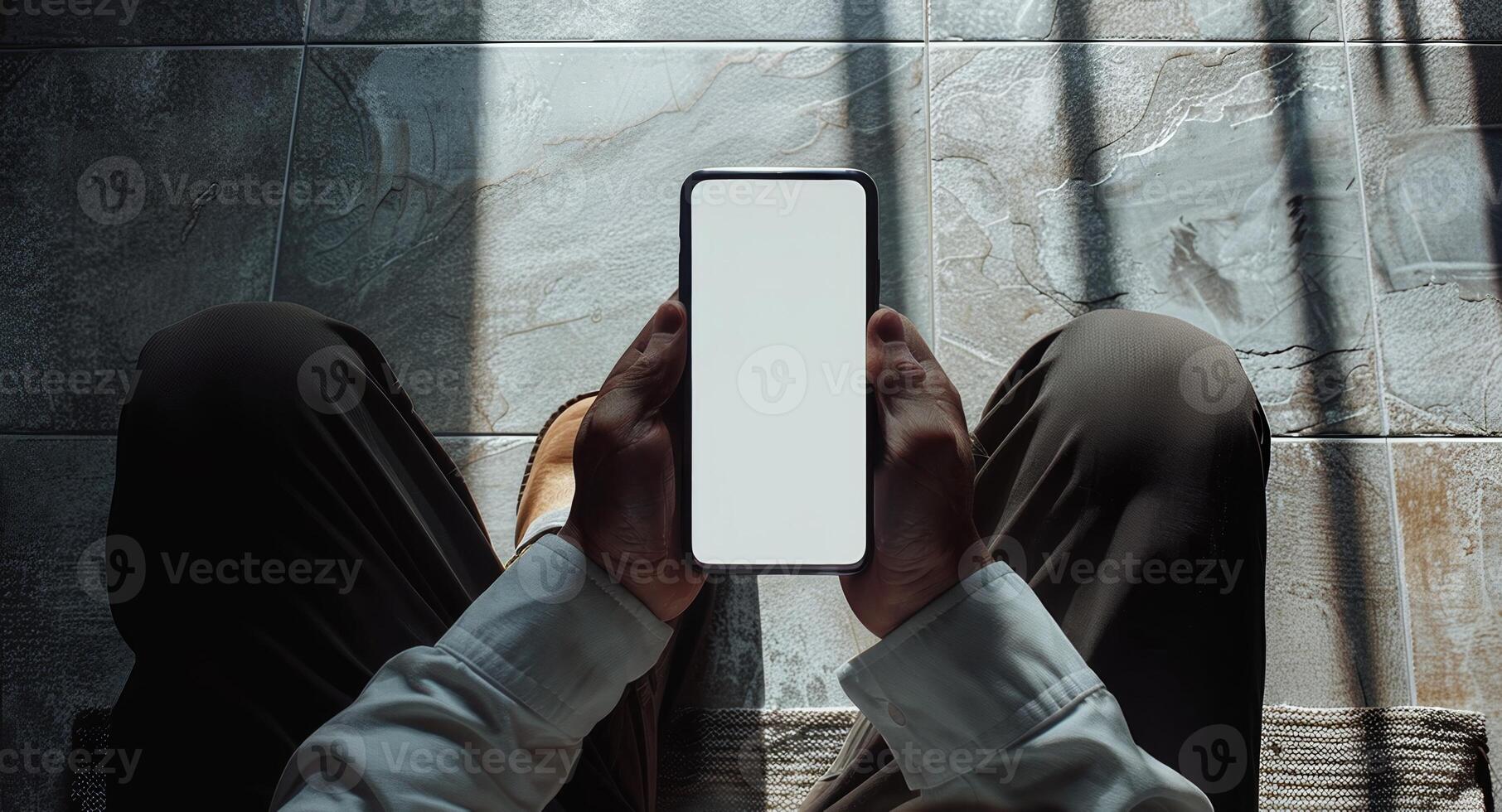 Phone Mockup in Man's Hands in Minimalistic Design. photo