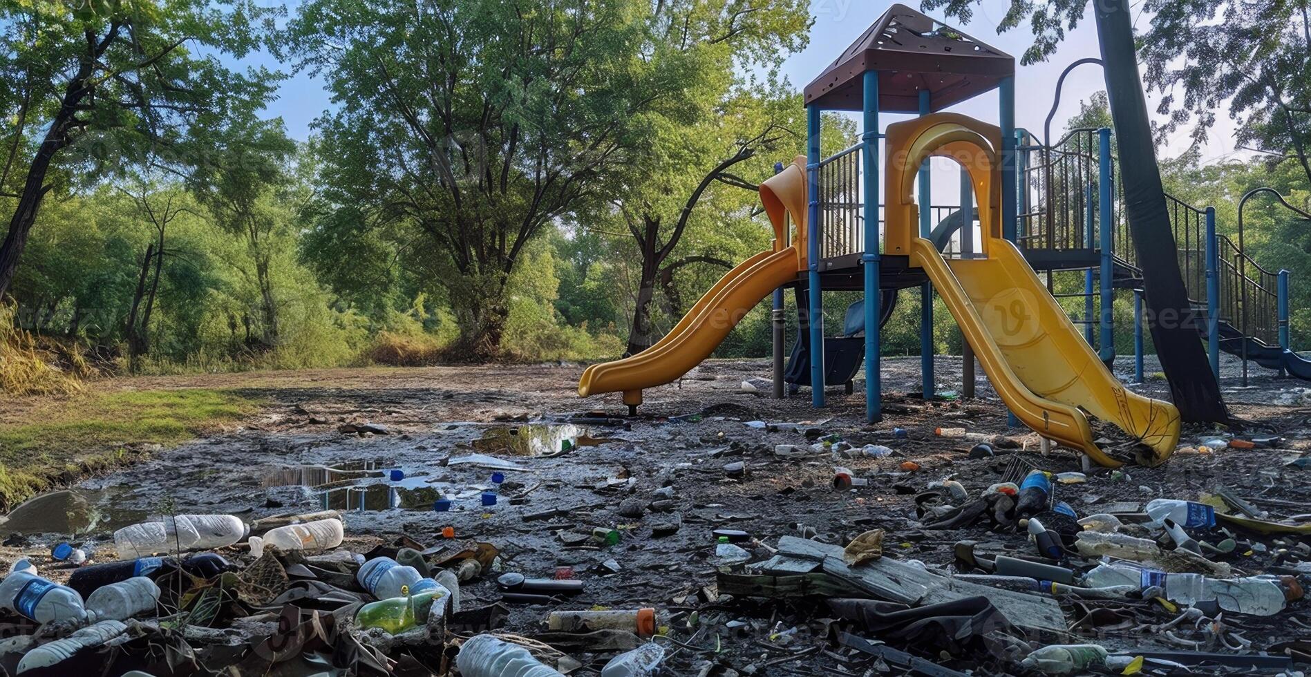 Playground Covered in Tons of Litter. The Problem of Neglected Waste Management. Leaving a Legacy of Trash to Children. Reflecting on the Future of Our Planet. photo