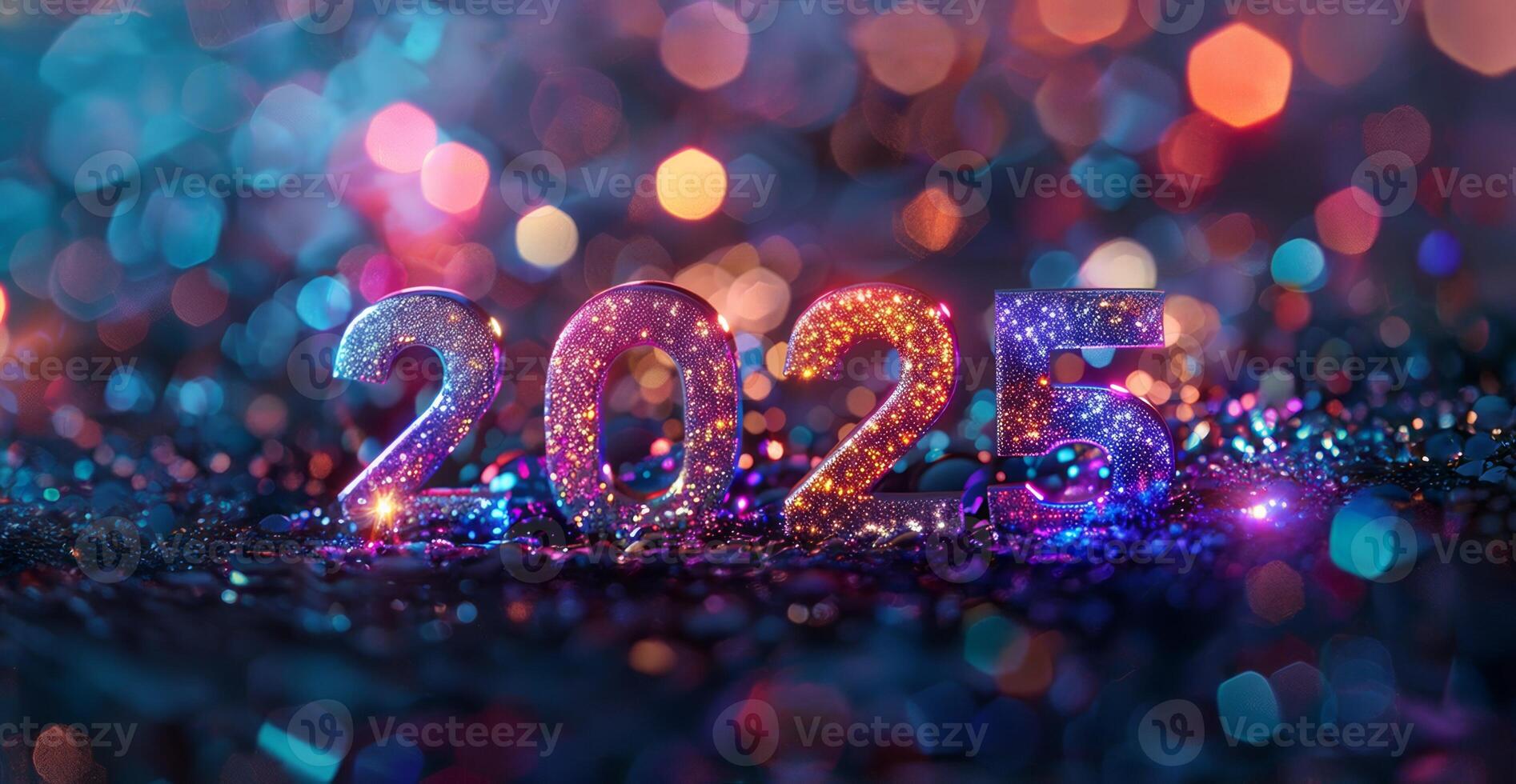 2025 celebration image with sparkling numbers and vibrant bokeh background. New Year's Eve background, holiday greetings, new year party invitations. photo