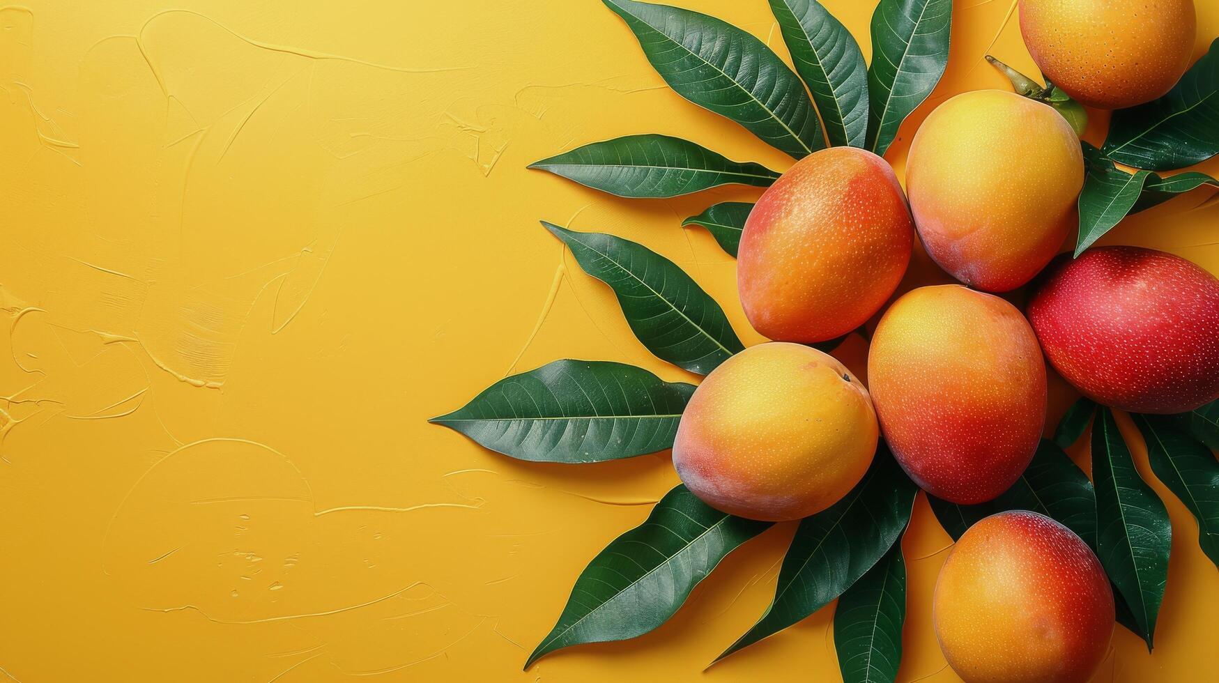 Row of Peaches With Leaves on Yellow Background photo