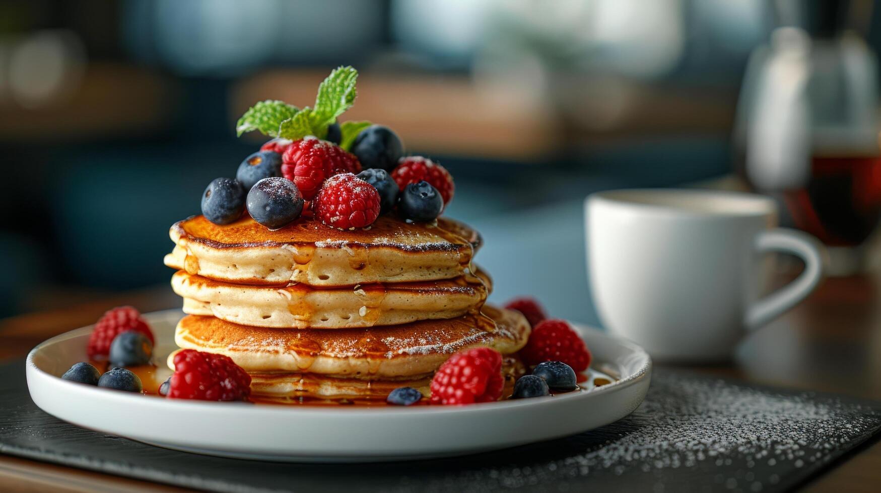 Stack of Pancakes Topped With Berries and Syrup photo