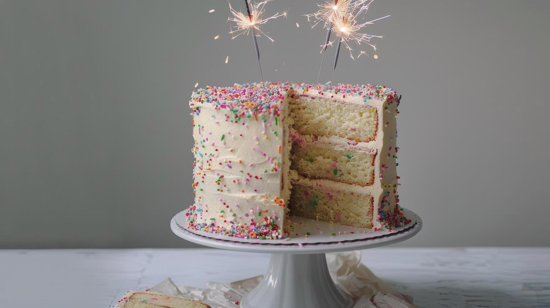 Cake With White Frosting and Sprinkles, Slice Cut Out photo