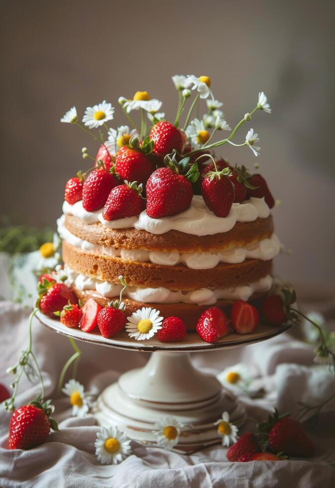 Three Layer Cake With Strawberries and Daisies photo