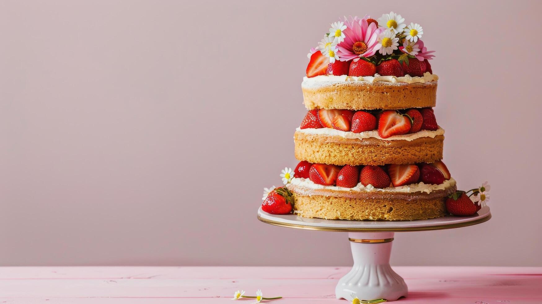 Elegant Multi Layer Cake With Strawberries and Daisies photo
