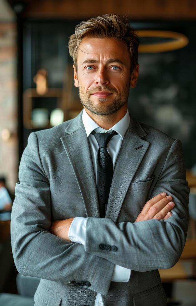 Businessman in Suit and Tie Standing With Arms Crossed photo