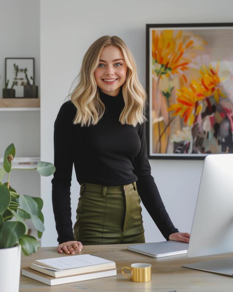 Woman Standing in Front of Laptop Computer photo