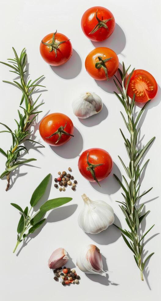 Tomatoes, Garlic, and Herbs Arranged on a White Surface photo