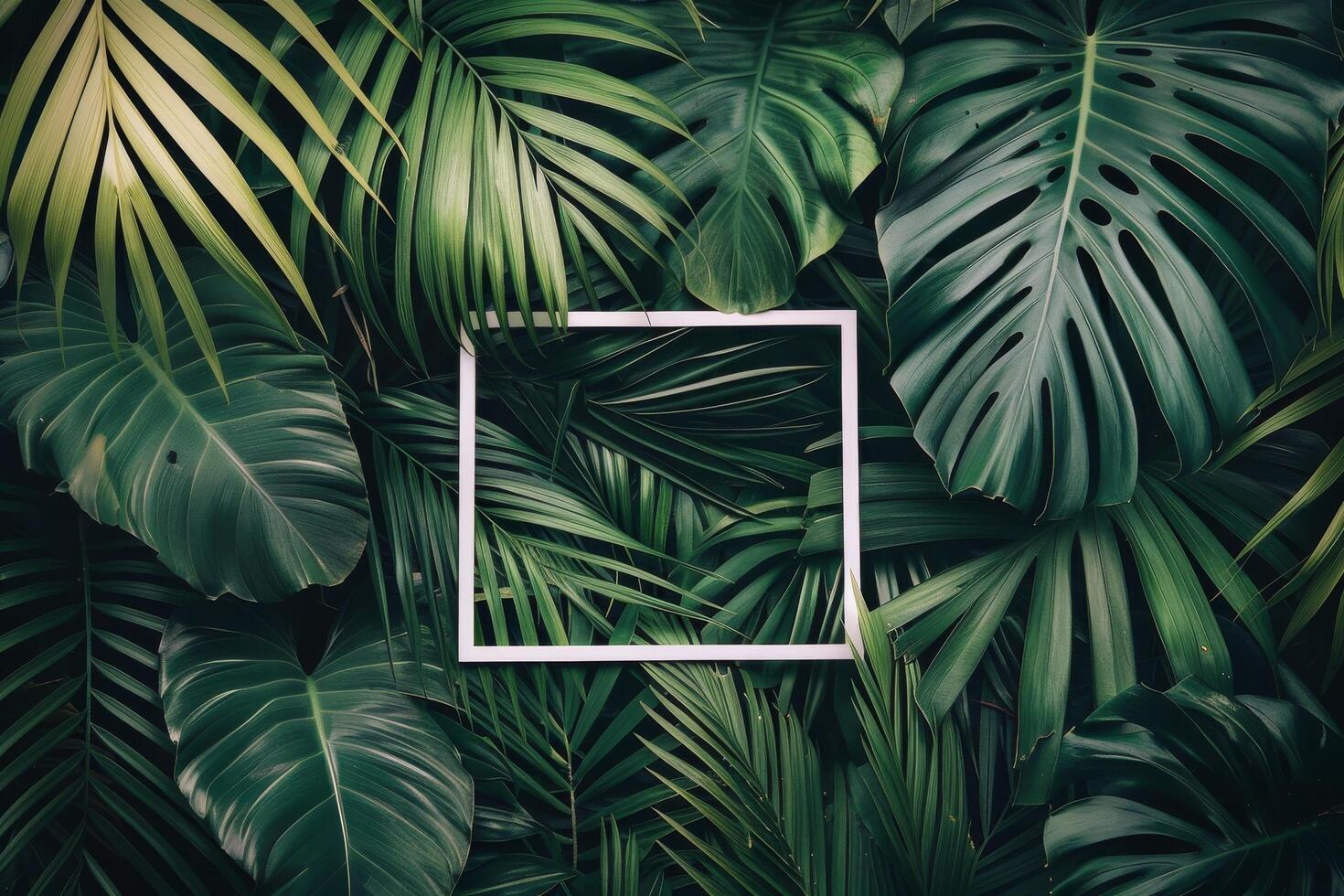 Square Picture Frame Surrounded by Tropical Leaves photo