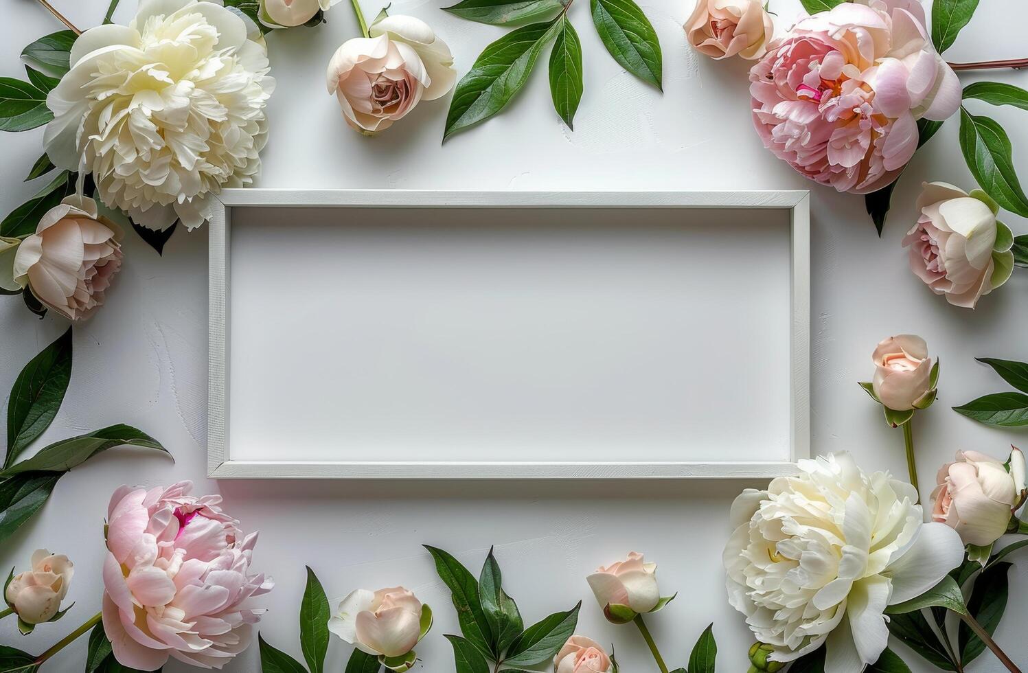 White Frame Surrounded by Pink and White Flowers photo