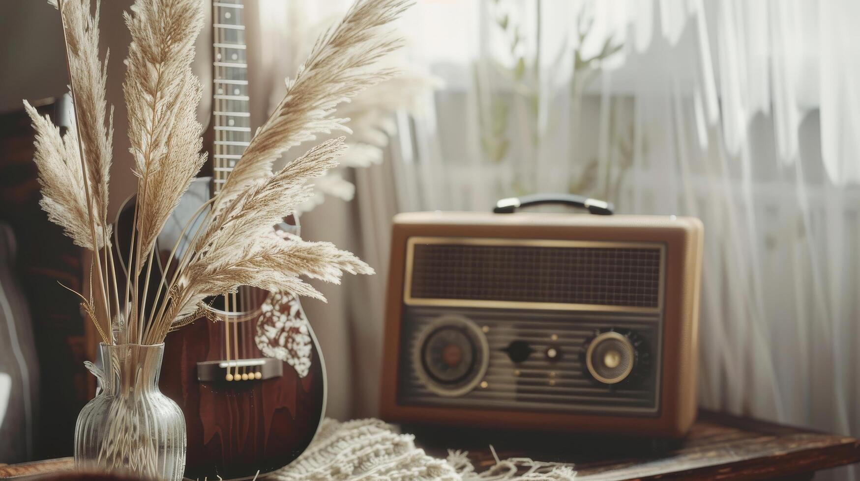Table With Radio and Vase of Dried Grass photo