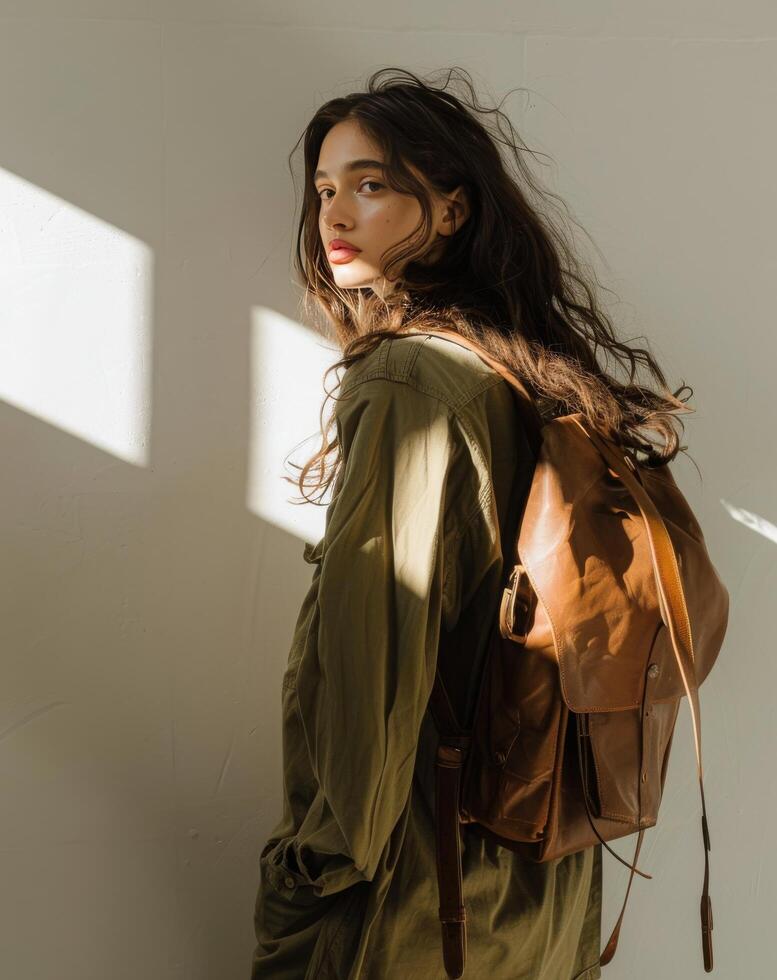 Woman Standing Against Wall photo