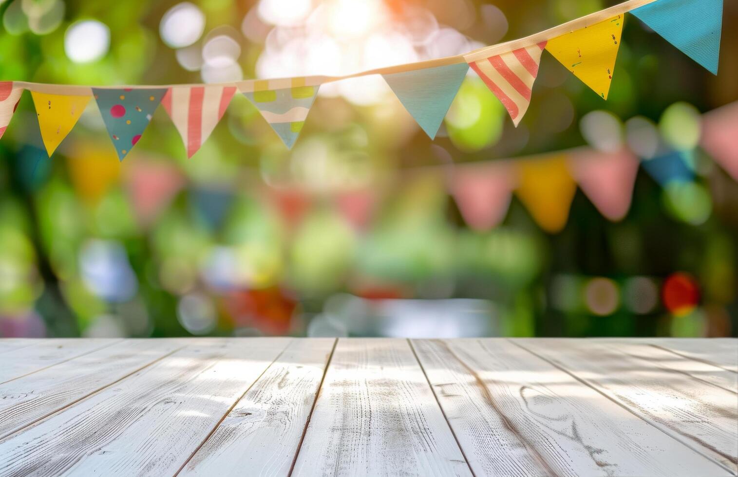 Wooden Table Top With Bunting Flags in Background photo
