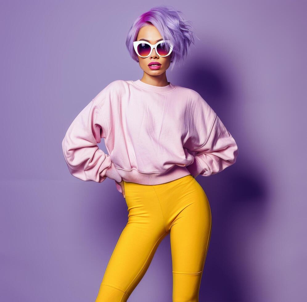 Woman With Purple Hair in Purple Top and Yellow Tights photo