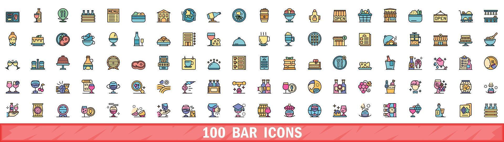 100 bar icons set, color line style vector