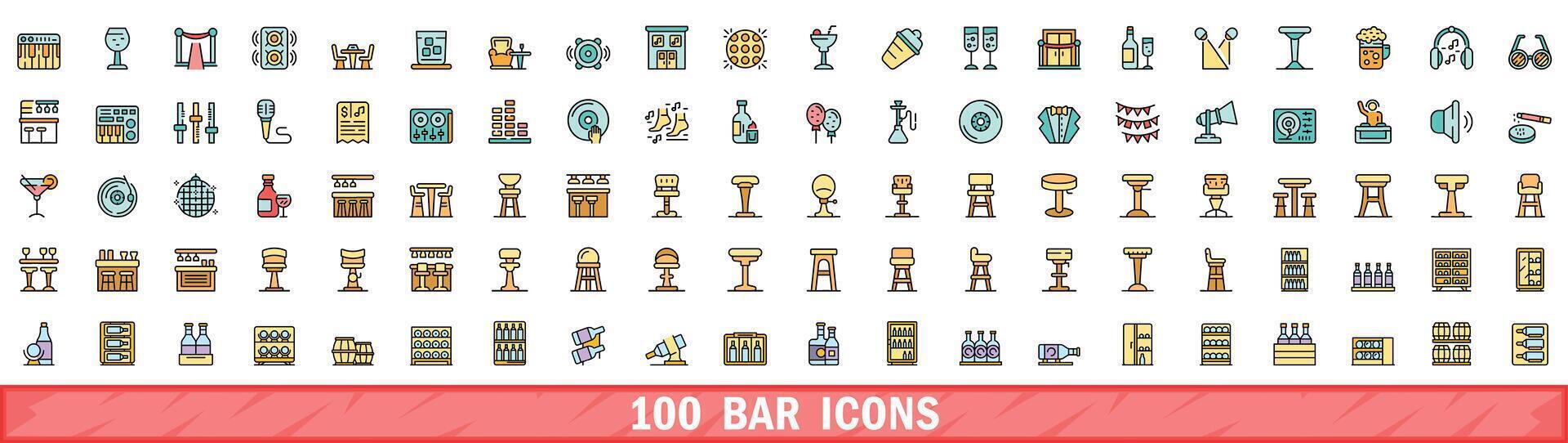 100 bar icons set, color line style vector