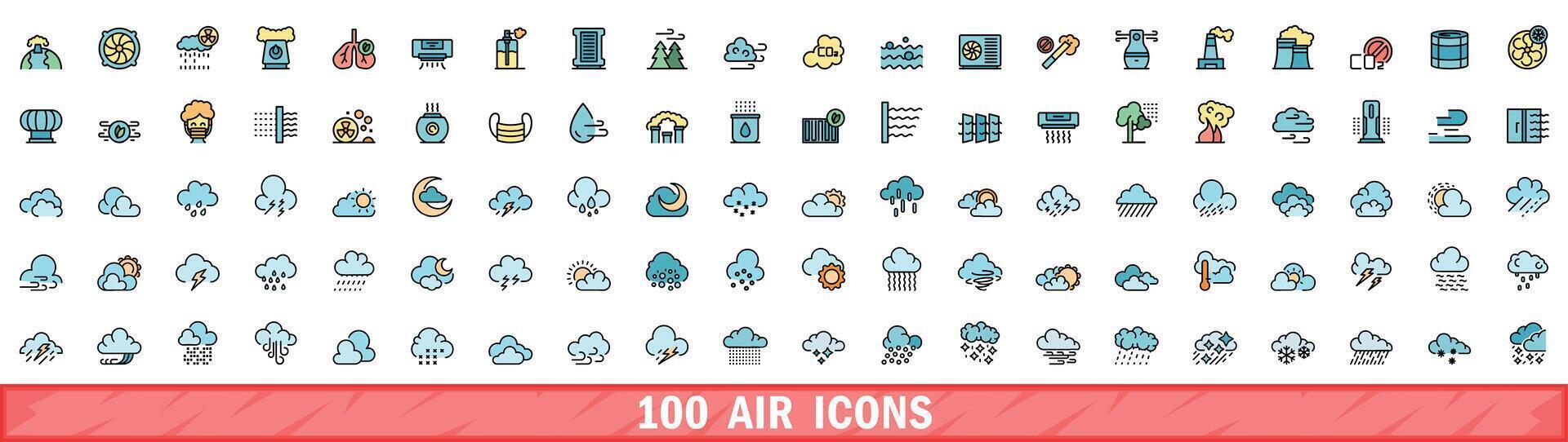 100 air icons set, color line style vector