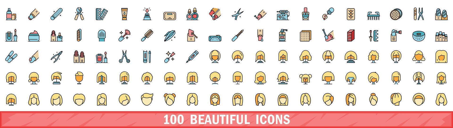 100 beautiful icons set, color line style vector