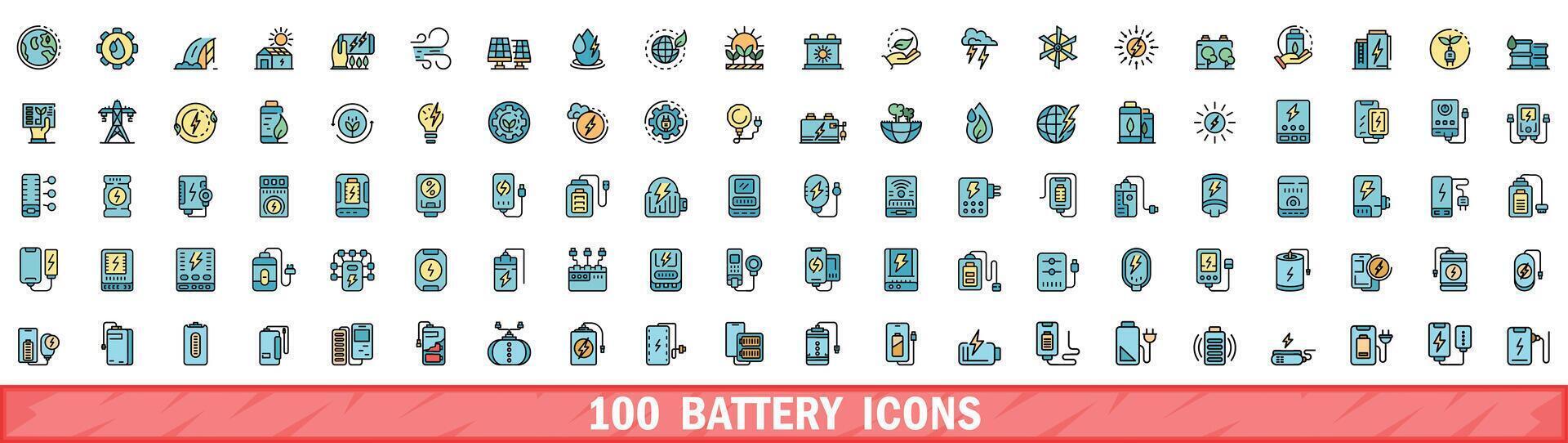 100 battery icons set, color line style vector