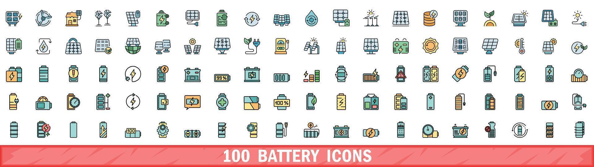 100 battery icons set, color line style vector