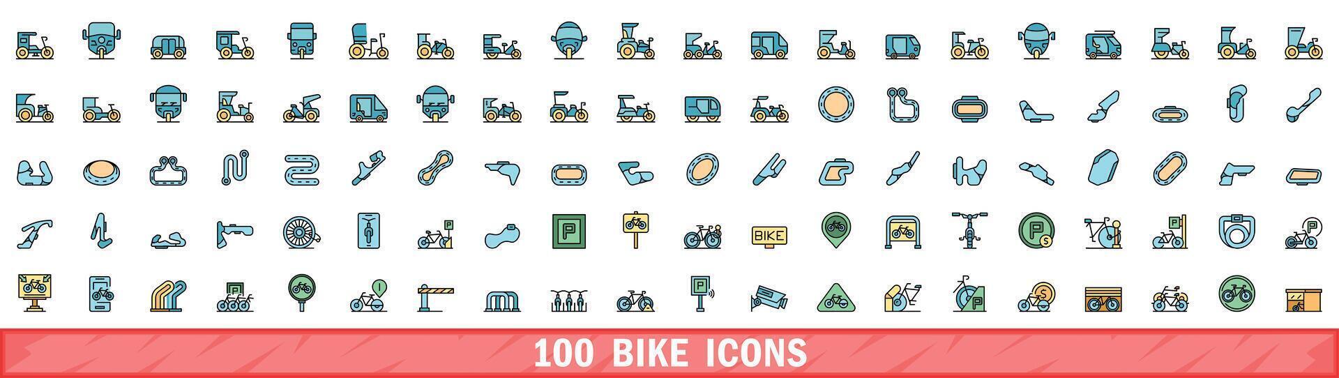 100 bike icons set, color line style vector