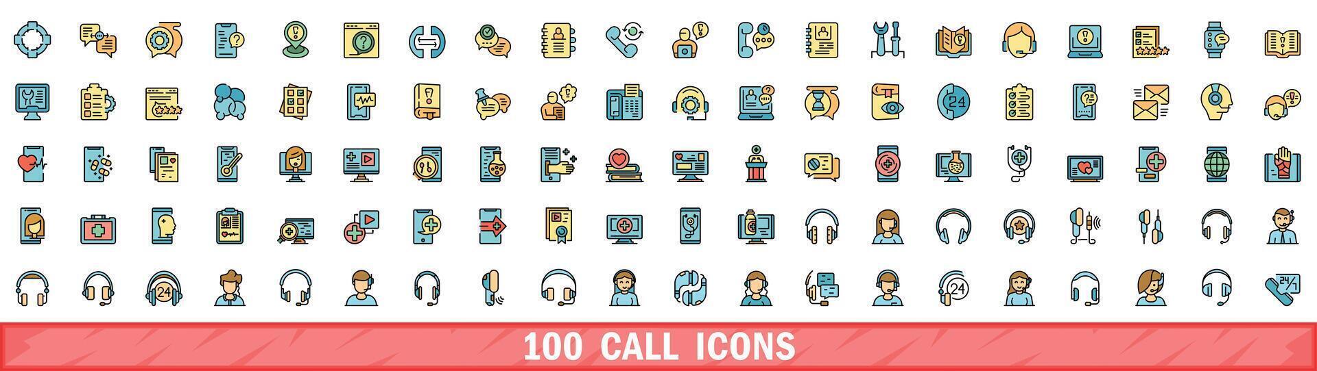 100 call icons set, color line style vector
